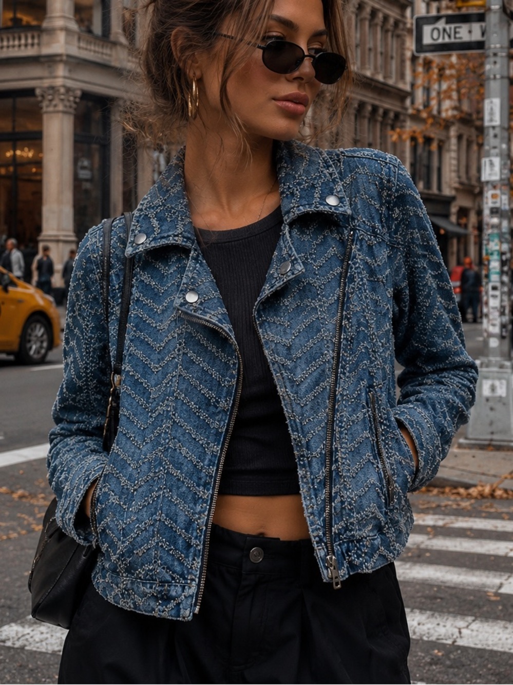 Free People Blue Chevron Woven Denim Moto Jacket